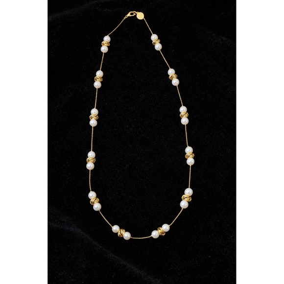 Anne Klein Vtg Y2K Gold Faux Pearl love knot 30" layering chain Necklace preppy - Picture 2 of 5